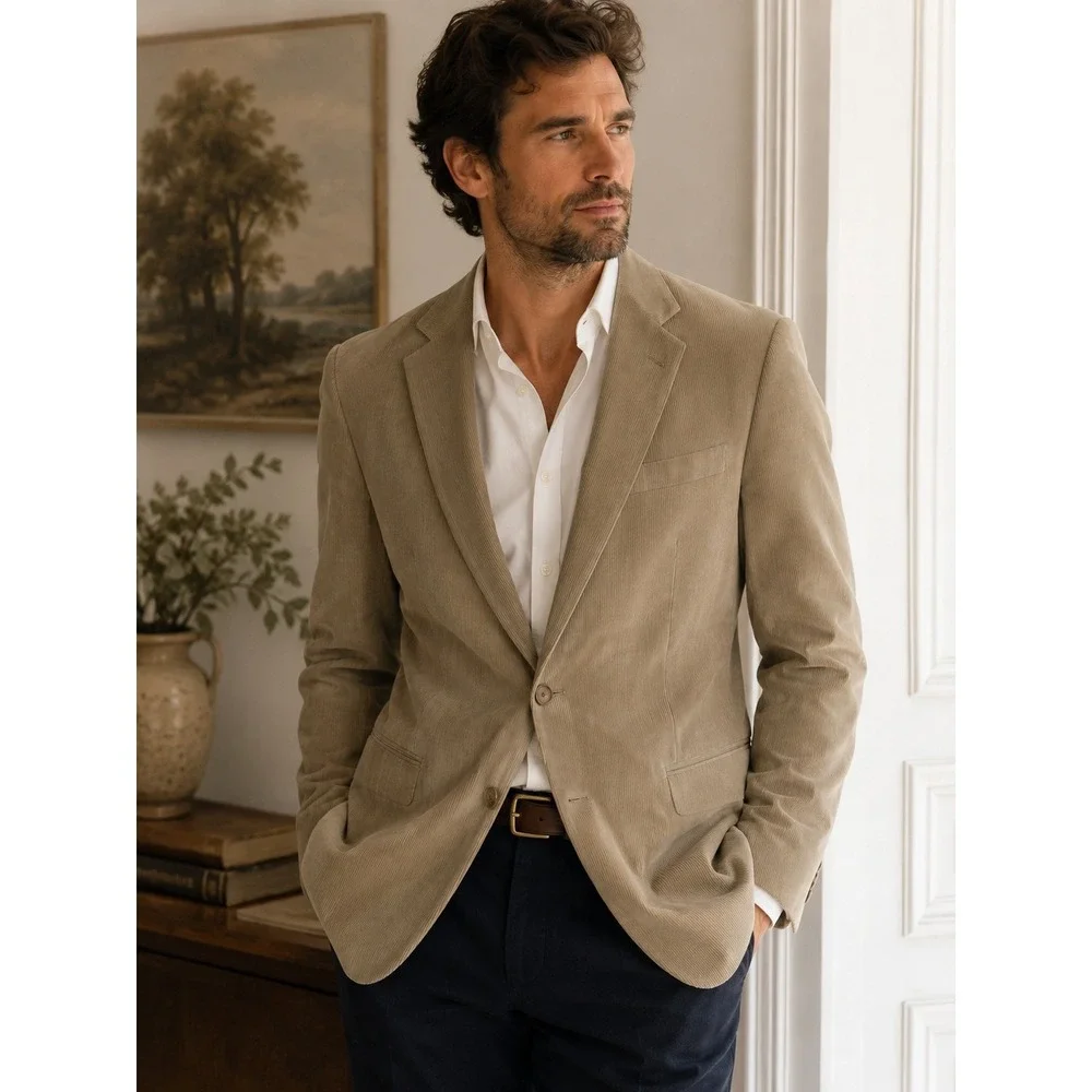 Alan Flusser Mens Tan Corduroy Blazer Sport Coat Beige 44R 100%‎ Cotton